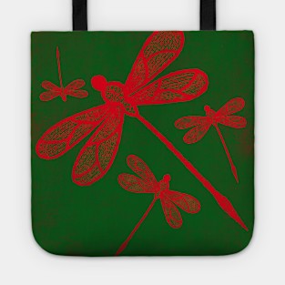 Red embroidered dragonflies on green Tote