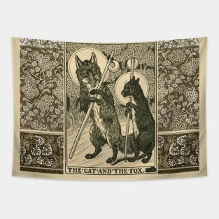 THE CAT AND THE FOX Forest Animals Black White Floral Tapestry