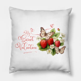 Sweet Valentine with Red Strawberry Fruits, Flowers, and Butterflies, Pillow