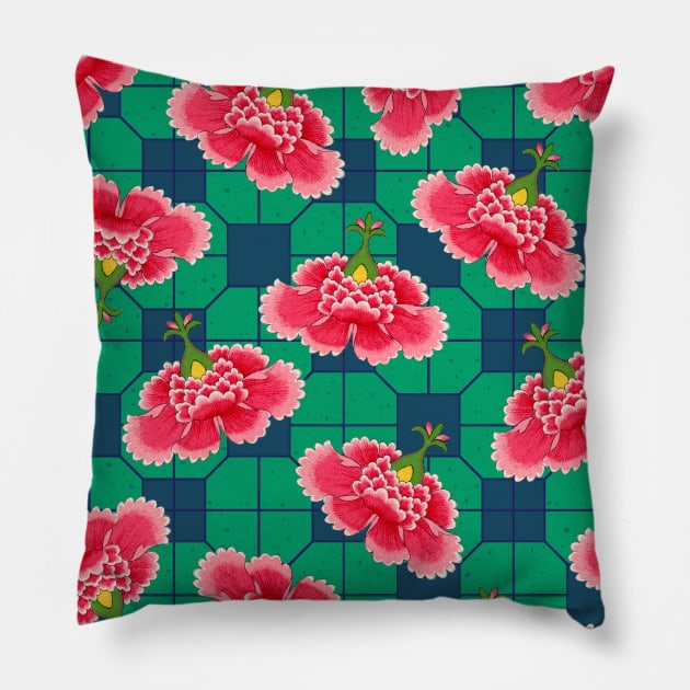 Chinese Vintage Pink and Red Flowers with Green and Blue Tile - Hong Kong Traditional Floral Pattern Pillow by CRAFTY BITCH