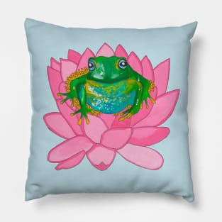 Green frog on pink flower Pillow