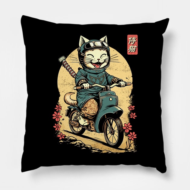 Japanese Samurai Cat on Motorcycle Kawaii Ninja Cat Pillow by Apocatnipse Meow