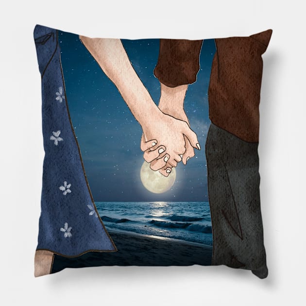 Romantic couple holding hands on beach night, couple in love, young couple silhouette on a sea beach in summer nature, watercolor realistic couple sketch, beautiful fantasy landscape tropical beach Pillow by Modern Art