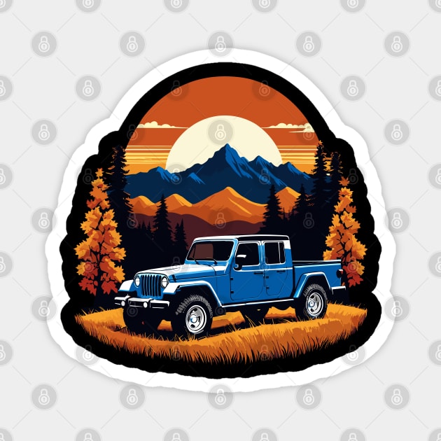 Jeep Gladiator Fall Mountain Scene With Retro Sunset Magnet by SunGraphicsLab