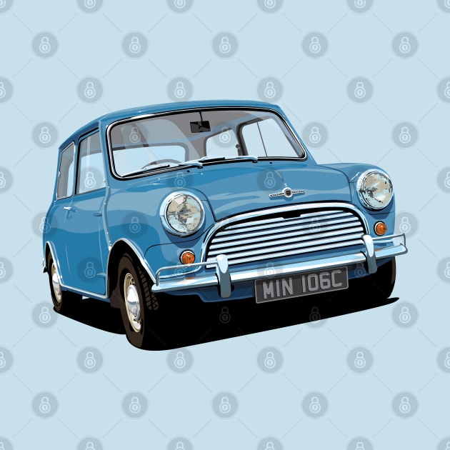 classic mini cooper in blue by candcretro