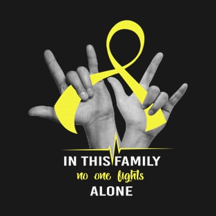 In This Family No One Fights Alone Testicular Cancer Awareness Peach Ribbon Warrior T-Shirt