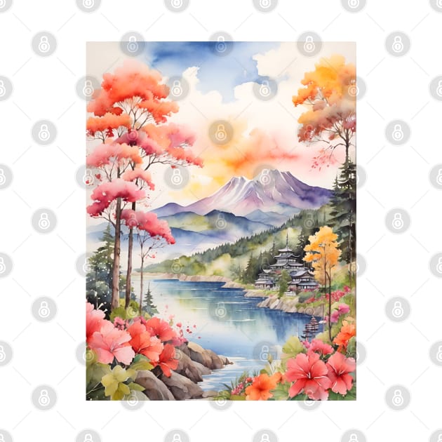 Japan mountain lake trees watercolor by Anik Arts