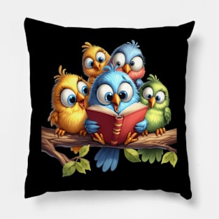 A Bunch Of Funny Birds Reading A Book Pillow