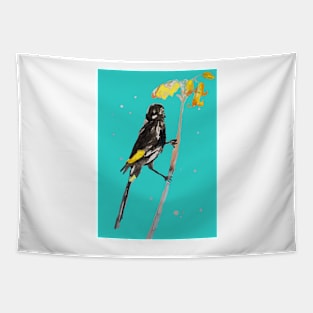 Australian Honeyeater Bird Painting - New Holland on Turquoise Tapestry