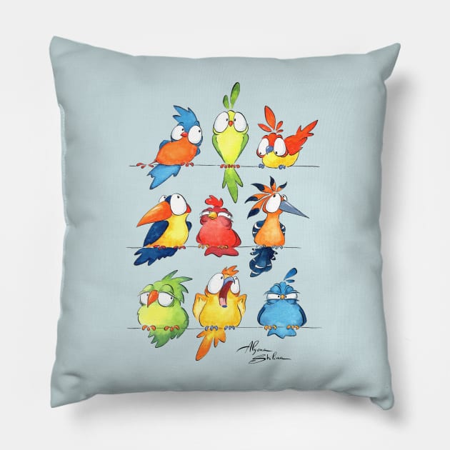 Funny Birds Pillow by Alyona Shilina