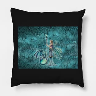 Aquamarine Dragon Fairy Art by Molly Harrison Pillow