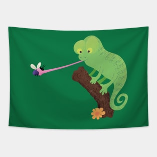 Cute funny green happy chameleon lizard cartoon Tapestry