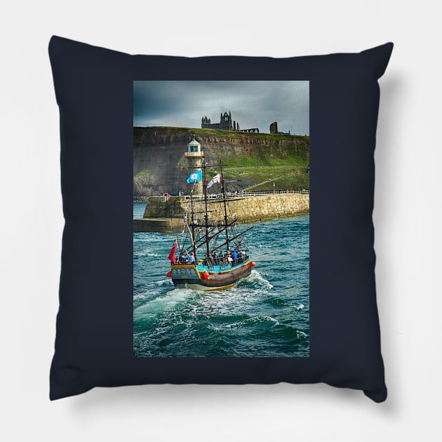 Whitby Harbour, Yorkshire. The Bark Endeavour, Nautical British coast art Pillow by BarbaraGlebska