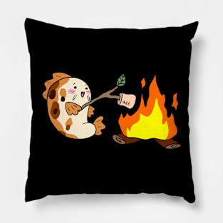 Cartoon Koi Fish Roasting Marshmallows by a Campfire Pillow