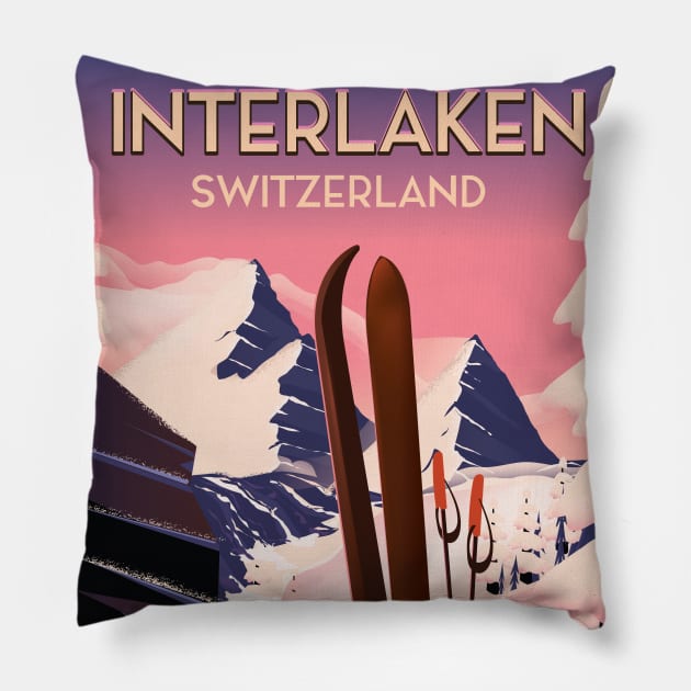 Interlaken Switzerland ski poster Pillow by nickemporium1