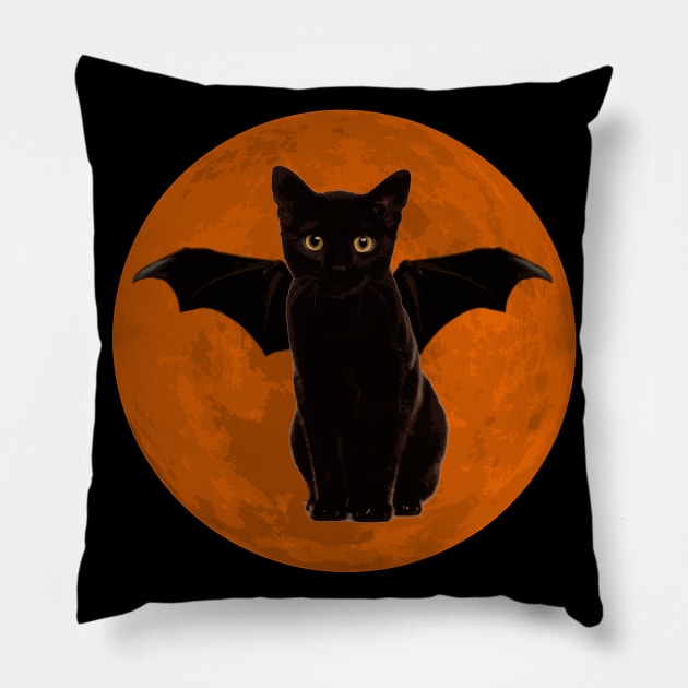 Orange Moon Bat Cat Pillow by YouAreHere