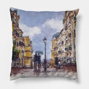 Romantic Couple Under Umbrella in Montmartre Paris Pillow