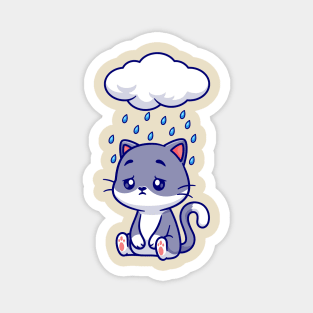 Cute Sad Cat Sitting Under Rain Cloud Cartoon Magnet