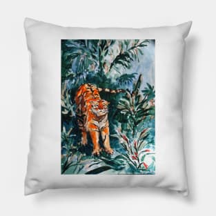 Tiger in jungle watercolor Pillow