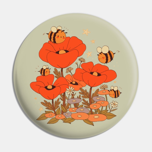 Cute bumblebees with poppy flowers vintage Cottagecore Aesthetic Pin by YaraGold