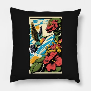 Hummingbird Vibrant Tropical Flower Tall Retro Vintage Digital Pop Art Portrait 2 Pillow