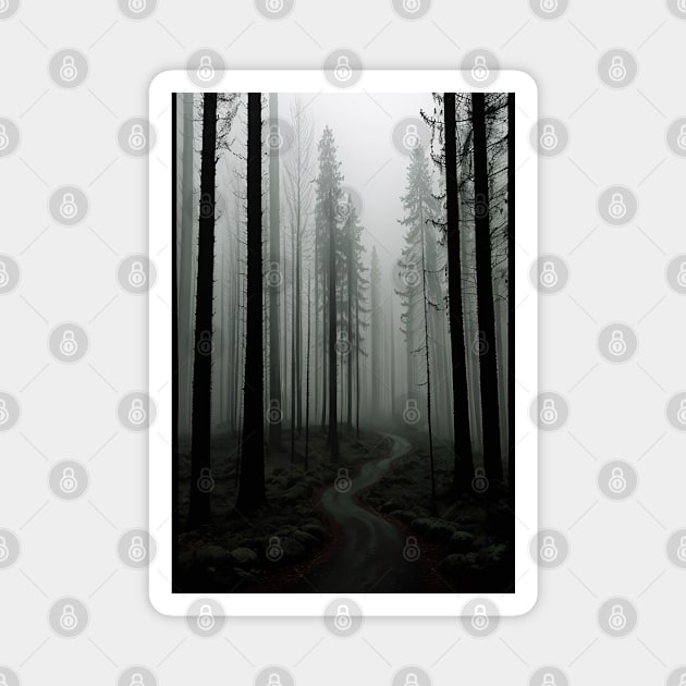 Pathway in a Misty Pine Forest Magnet by CursedContent