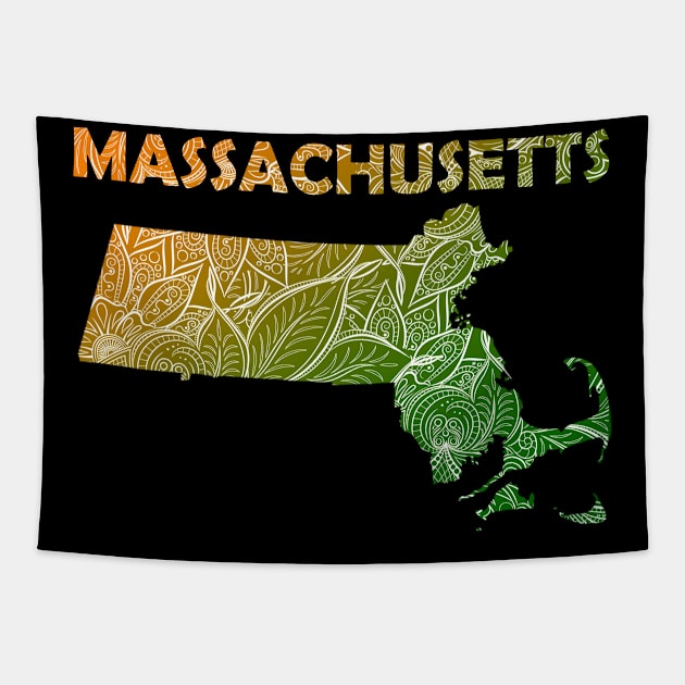 Colorful mandala art map of Massachusetts with text in green and orange Tapestry by Happy Citizen