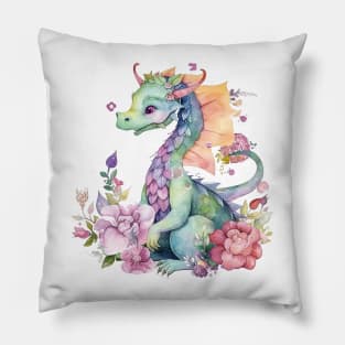 Cute Spring Flower Dragon Watercolor Pillow