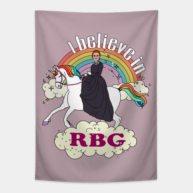 Rainbow I Believe In RBG Ruth Riding Unicorn Tapestry by meowstudio