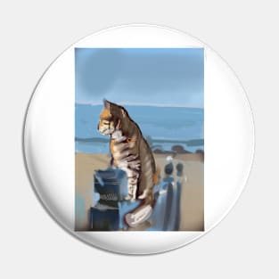 A  ginger cat looking at the ocean Pin