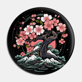 Vintage Mount Fuji Cherry Blossoms Geisha Japanese Garden Pin