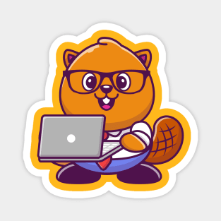 Cute Beaver Working On Laptop Cartoon Magnet