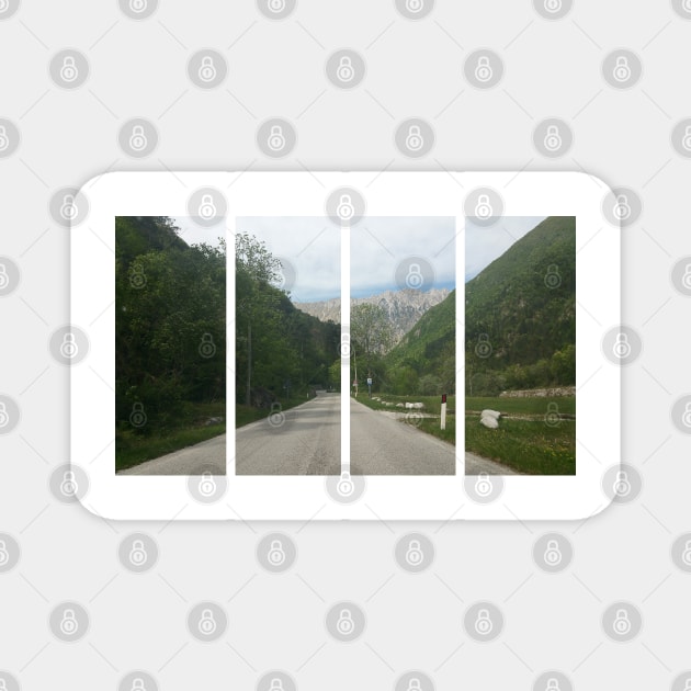 A shot on the move from behind the windshield of an electric car with alps mountains in front of it in a fresh sunny spring day. POV first person view shot on a asphalted mountain road Magnet by fabbroni-art