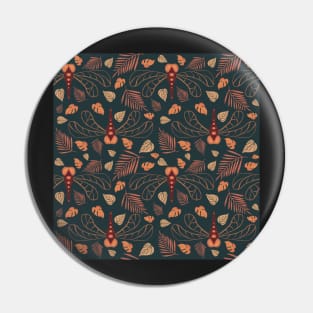 Dragonfly and Orange Leaf Pattern in Retro Pin