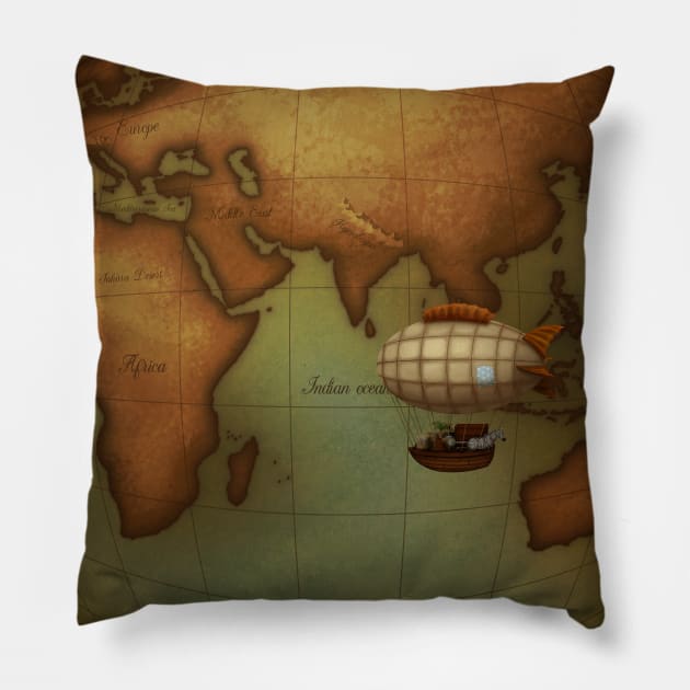 Airship Flying Over Eastern Hemisphere Pillow by Mozartini