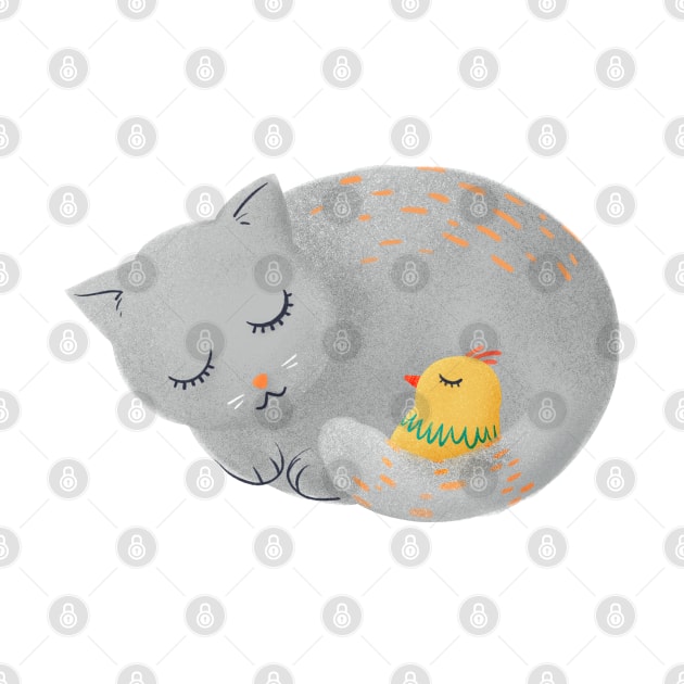 Cat sleeping with small bird - kids illustration by Sgrel-art