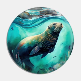 Colorful Watercolor Steller Sea Lion Artwork Pin
