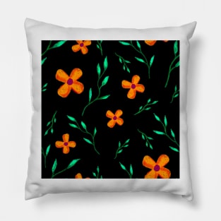 Orange Floral Pattern on Black Pillow