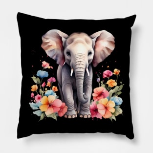 An elephant decorated with beautiful watercolor flowers Pillow