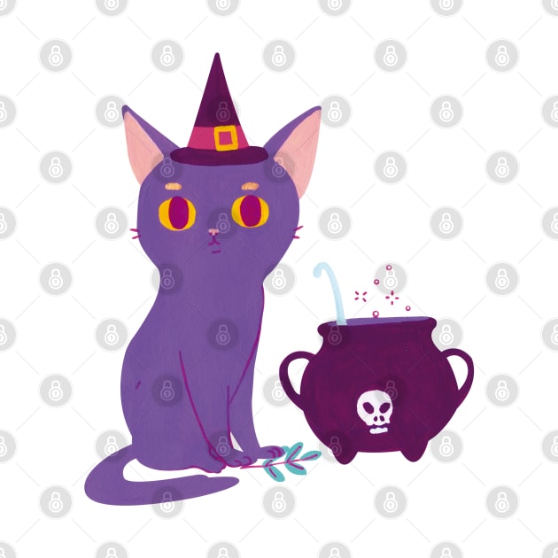 Black cat making a potion. Illustration art print by KookyAngie