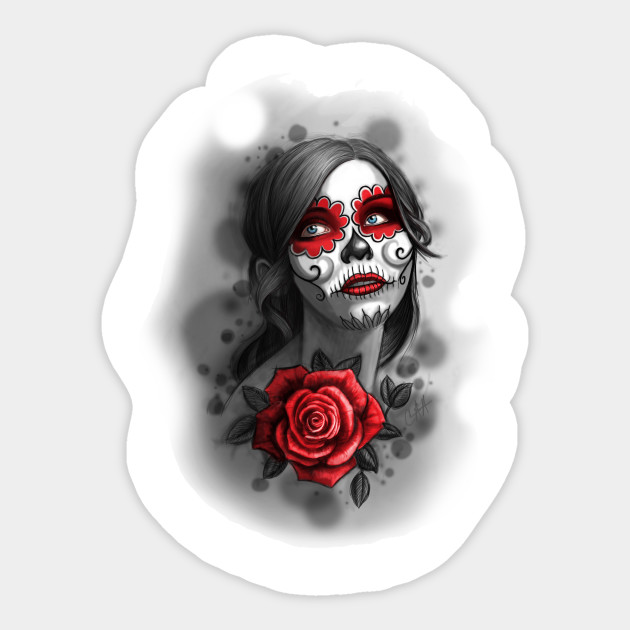 Day Of The Dead Girl Red Makeup And Rose Pencil Sketch Day Of