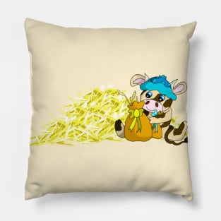 kawaii cow with a haystack Pillow