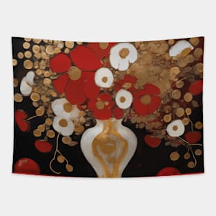 Red Gold and White Abstract Flowers in a White Vase After Klimt Tapestry