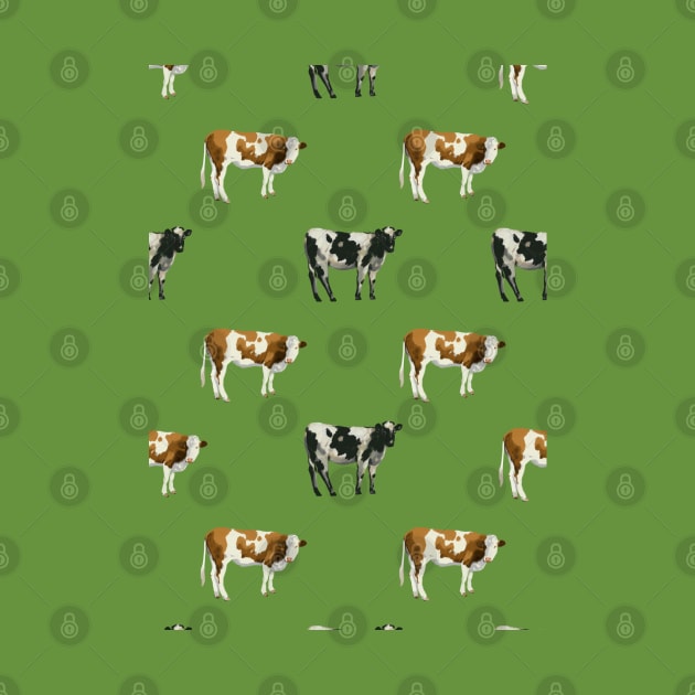 Brush Painted Cow Pattern On Green by okpinsArtDesign