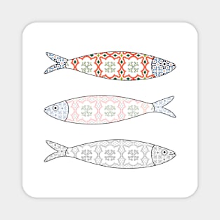 Traditional Portuguese icon. Colored sardines with typical Portuguese tiles patterns. Vector illustration Magnet