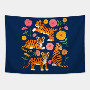 Tiger Cubs and Zinnias Tapestry