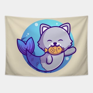 Cute Cat Mermaid Bite Fish Cartoon Tapestry