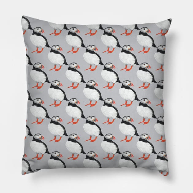 Puffin pattern on grey background Pillow by IslesArt
