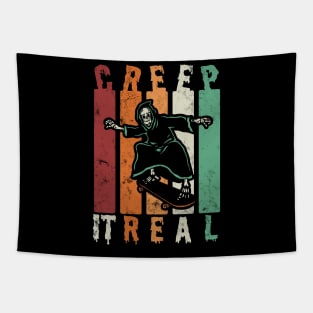 Creep It Real Spooky Halloween Skeleton Skateboarding Skater Tapestry