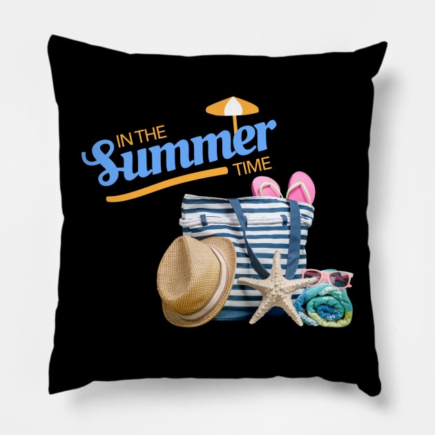 in the summer time funny beach stuff slippers and sunglasses beach bag Pillow by SweetMay